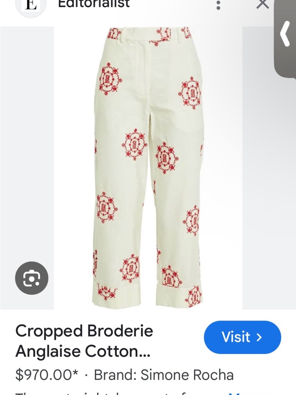 New Simone Rocha Cream / Red Embroidered Pants US Womens 4 $970 UK8